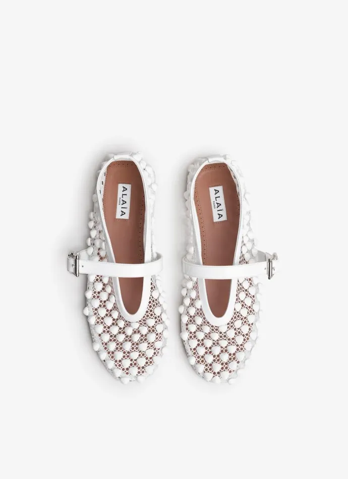 Alaa La Ballerine BALLET FLATS WITH STUDS ON FISHNET White 8211 Women Alaa La Ballerine BALLET FLATS WITH STUDS ON FISHNET White 8211 Women