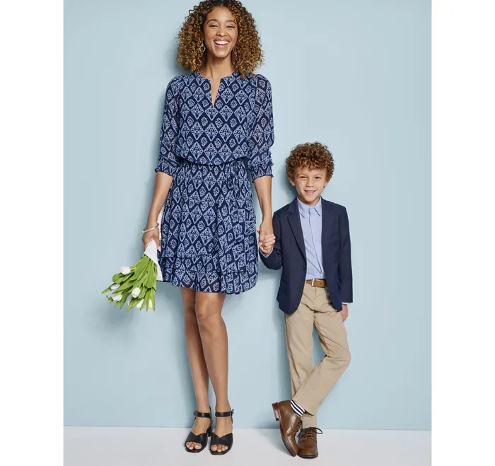 Apparel and Accessories Tiered VNeck Print Dress Navy Ikat Johnston and Murphy Women