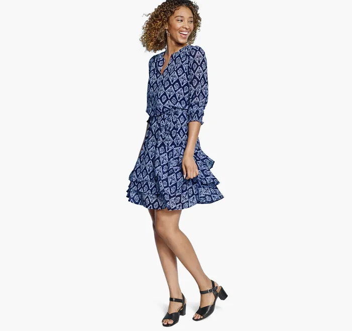 Apparel and Accessories Tiered VNeck Print Dress Navy Ikat Johnston and Murphy Women