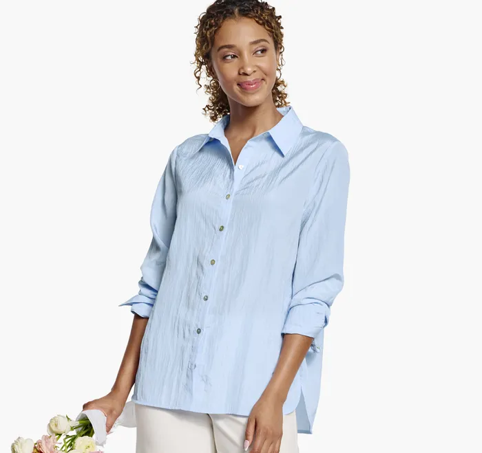 Apparel and Accessories Women Crinkle ButtonFront Shirt Light Blue Johnston and Murphy