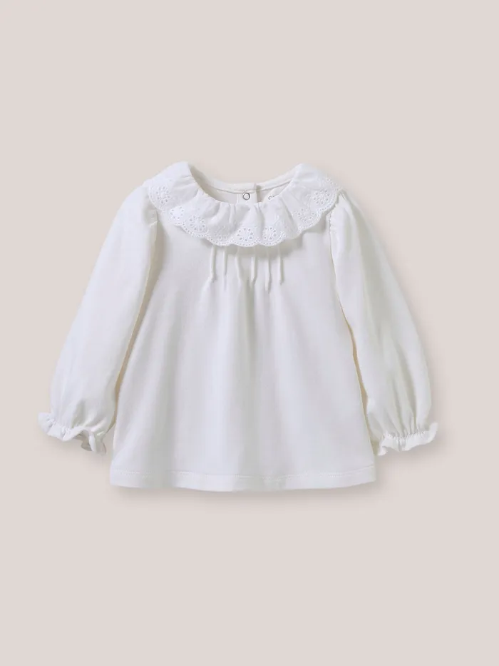 Baby Cyrillus Baby Girl Organic Cotton TShirt With Broderie Anglaise Collar Blanc Doux