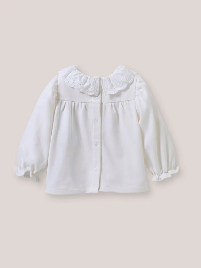 Baby Cyrillus Baby Girl Organic Cotton TShirt With Broderie Anglaise Collar Blanc Doux