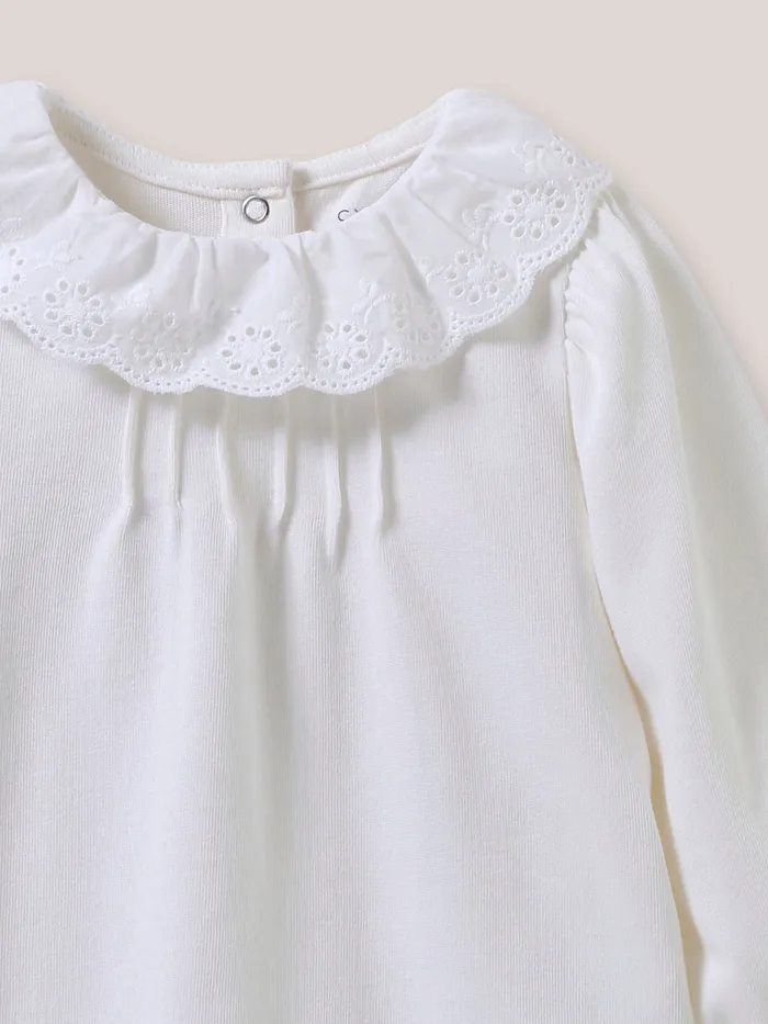 Baby Cyrillus Baby Girl Organic Cotton TShirt With Broderie Anglaise Collar Blanc Doux
