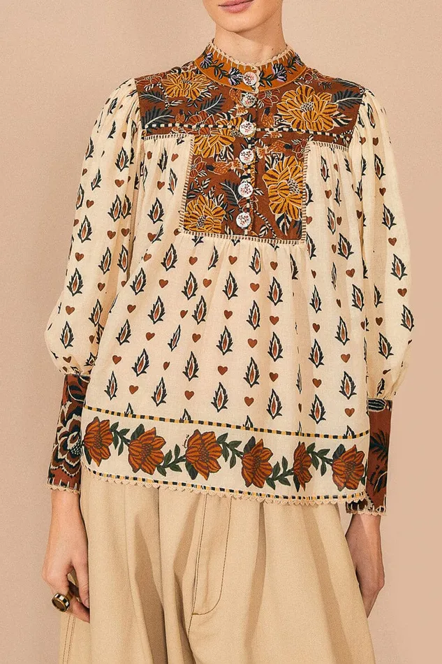 Beige Ainika Floral Long Sleeve Blouse Women Farm Rio Blouses