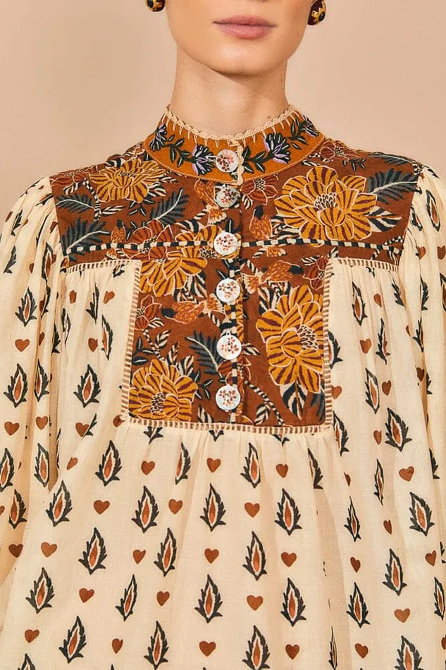 Beige Ainika Floral Long Sleeve Blouse Women Farm Rio Blouses