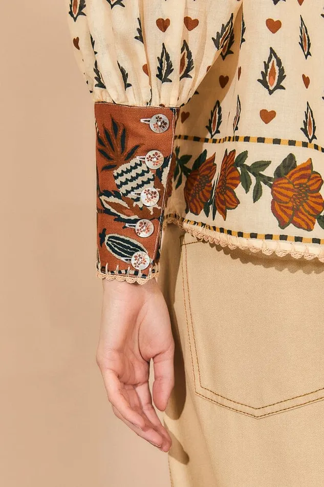 Beige Ainika Floral Long Sleeve Blouse Women Farm Rio Blouses