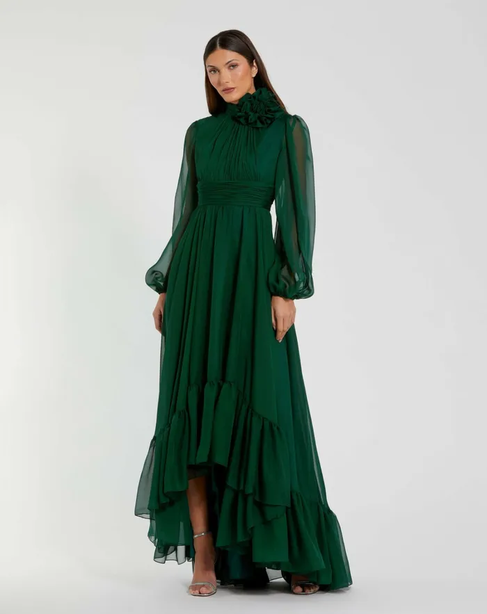 Best Sellers Mac Duggal Women High Low Long Sleeve Chiffon Gown With 3D Flower Emerald