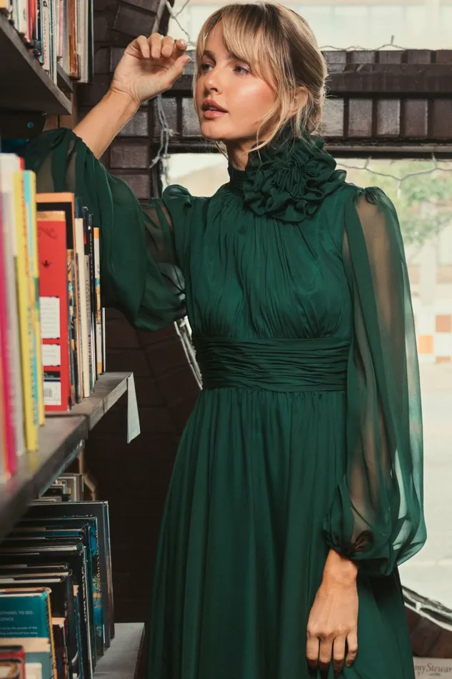 Best Sellers Mac Duggal Women High Low Long Sleeve Chiffon Gown With 3D Flower Emerald