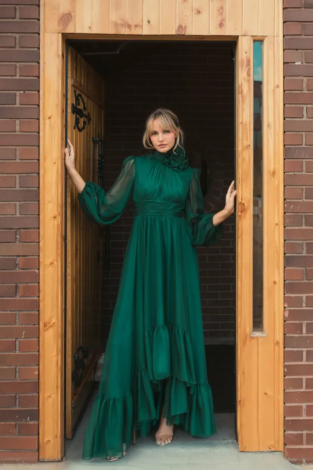 Best Sellers Mac Duggal Women High Low Long Sleeve Chiffon Gown With 3D Flower Emerald