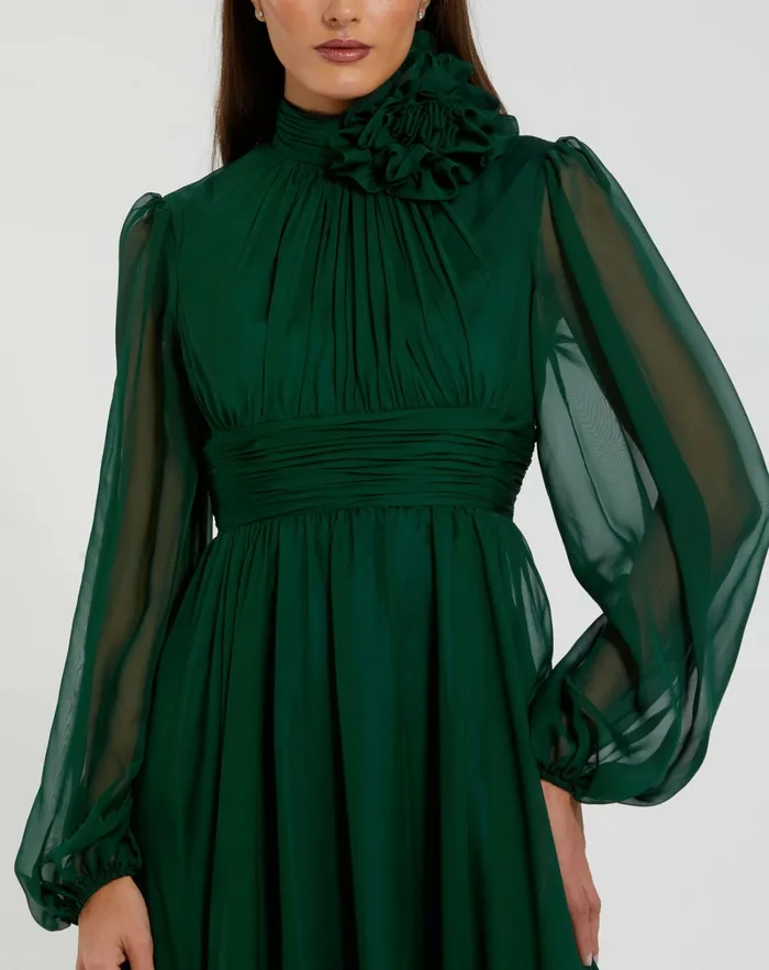Best Sellers Mac Duggal Women High Low Long Sleeve Chiffon Gown With 3D Flower Emerald