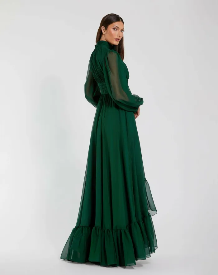Best Sellers Mac Duggal Women High Low Long Sleeve Chiffon Gown With 3D Flower Emerald