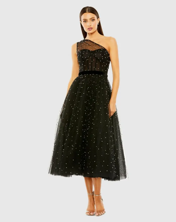 Best Sellers Mac Duggal Women One Shoulder Pearl Beaded Midi Ballgown Black