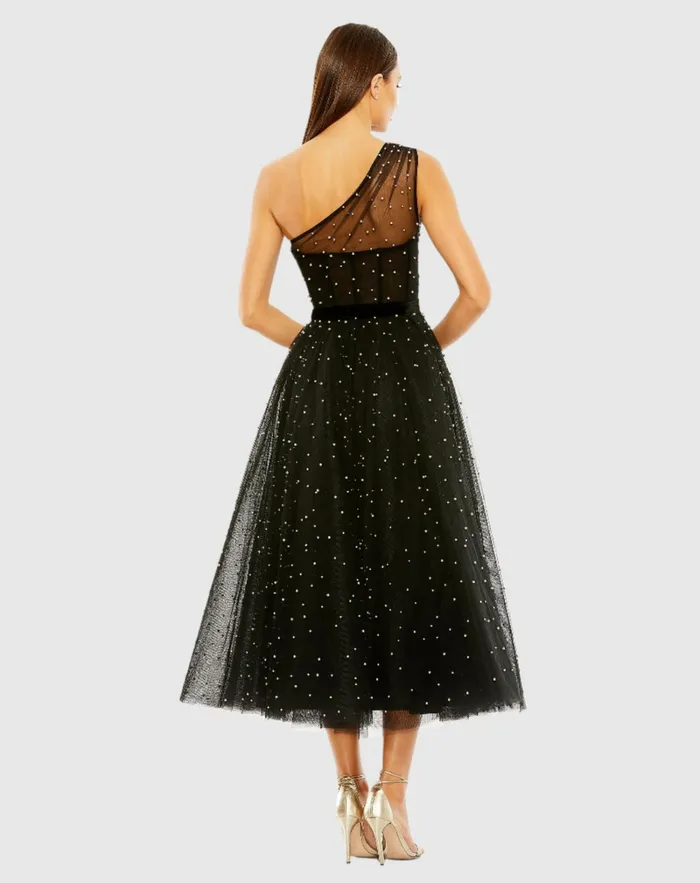 Best Sellers Mac Duggal Women One Shoulder Pearl Beaded Midi Ballgown Black