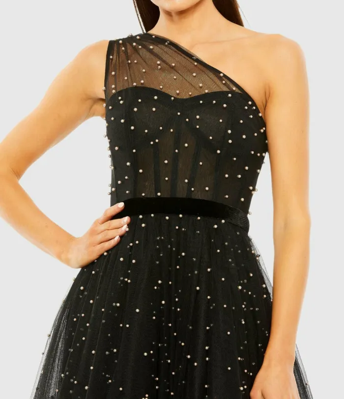 Best Sellers Mac Duggal Women One Shoulder Pearl Beaded Midi Ballgown Black