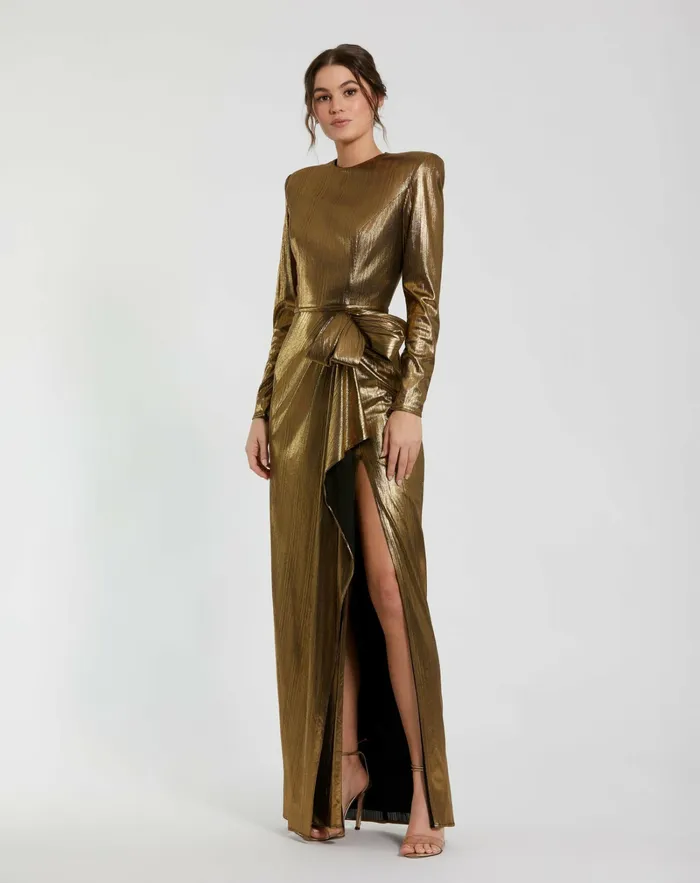 Best Sellers Metallic Jersey Long Sleeve Gown With Bow Antique Gold 8211 Mac Duggal Women