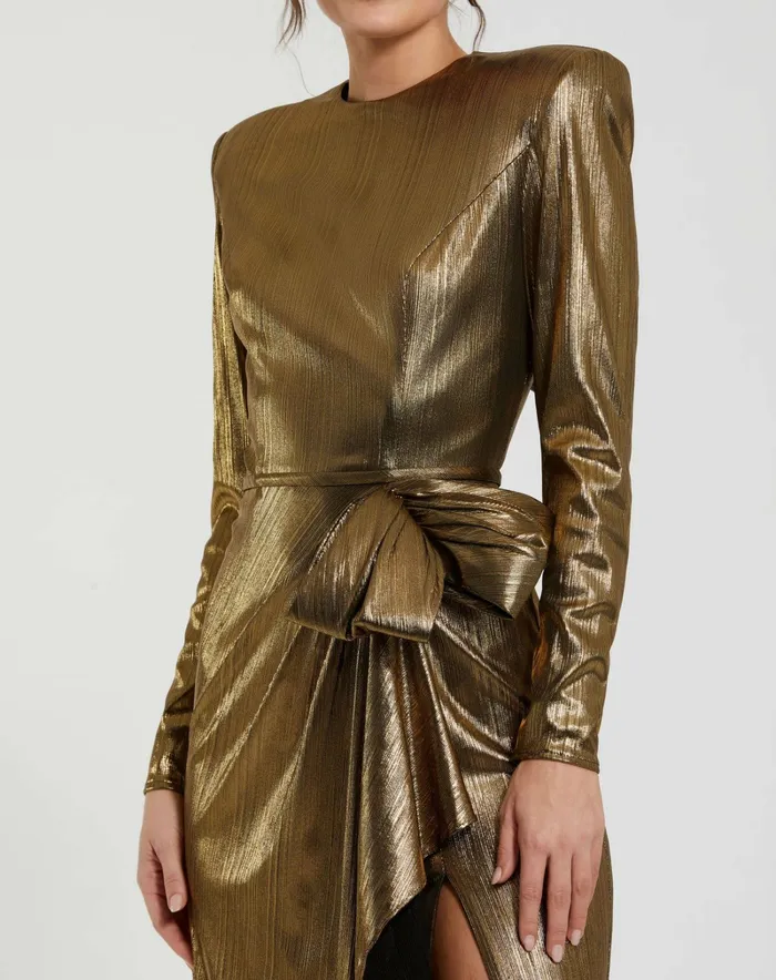 Best Sellers Metallic Jersey Long Sleeve Gown With Bow Antique Gold 8211 Mac Duggal Women