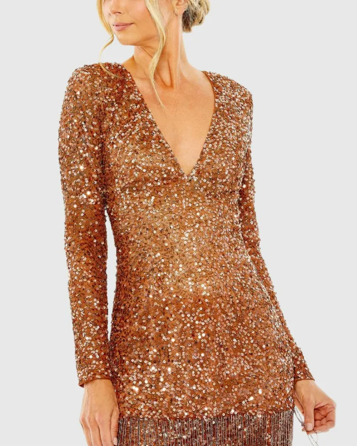 Best Sellers V Neck Long Sleeve Sequin Dress with Fringe Detail Copper Mac Duggal Women