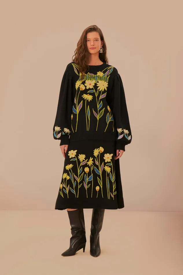 Black Flowers Embroidered Knit Skirt Women Farm Rio Skirts