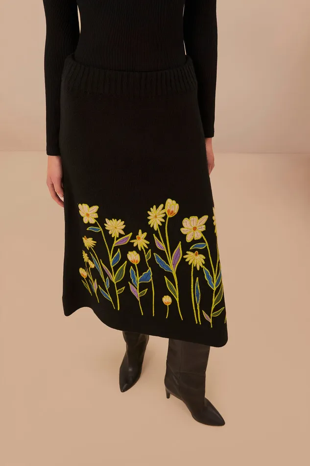 Black Flowers Embroidered Knit Skirt Women Farm Rio Skirts