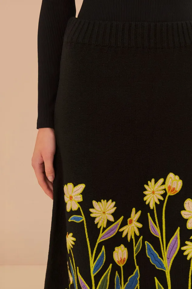 Black Flowers Embroidered Knit Skirt Women Farm Rio Skirts