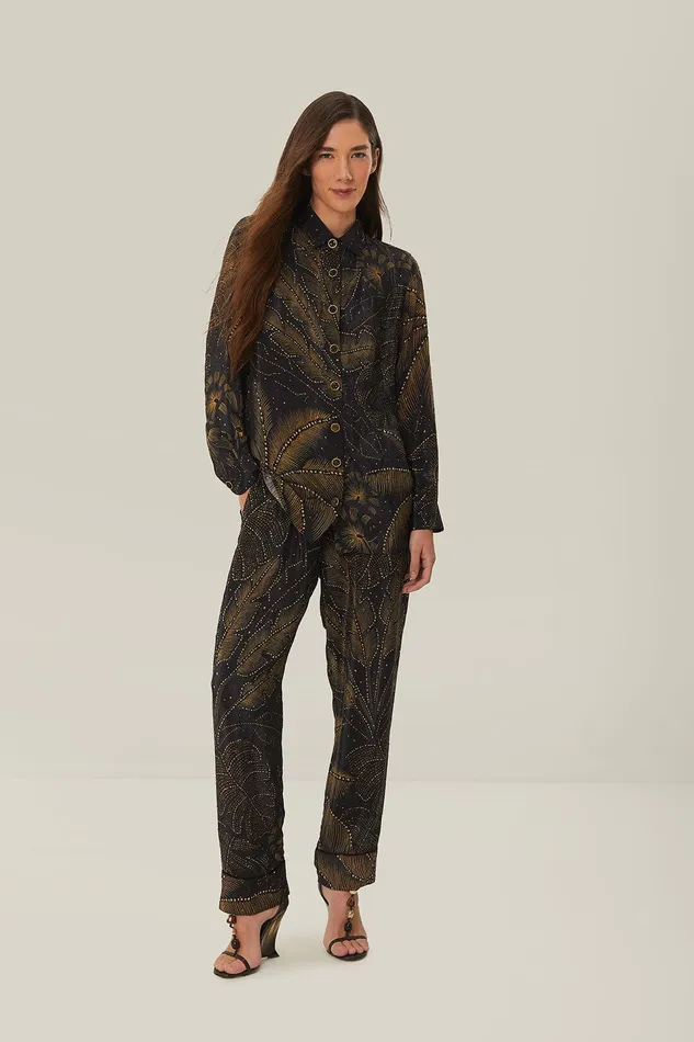 Black Golden Foliage Pajama Pants Women Farm Rio Pants