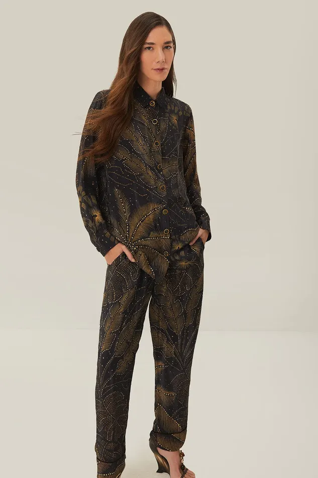 Black Golden Foliage Pajama Pants Women Farm Rio Pants