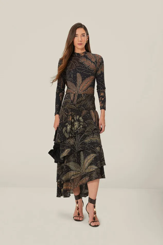 Black Golden Foliage Ruffled Skirt Women Farm Rio Skirts