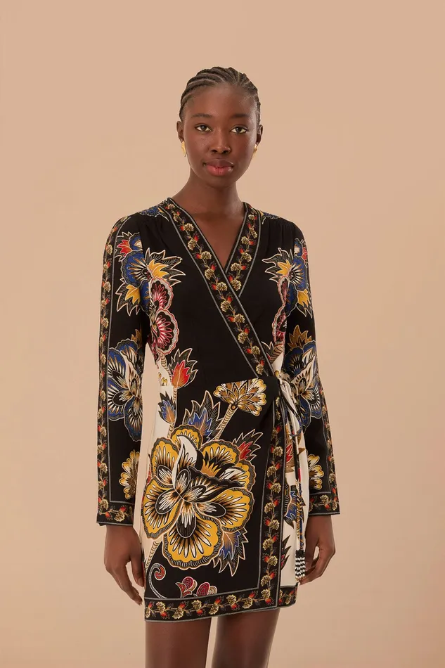 Black Maxi Floral Lenzing Ecovero Viscose Wrap Mini Dress Women Farm Rio Mini Dresses