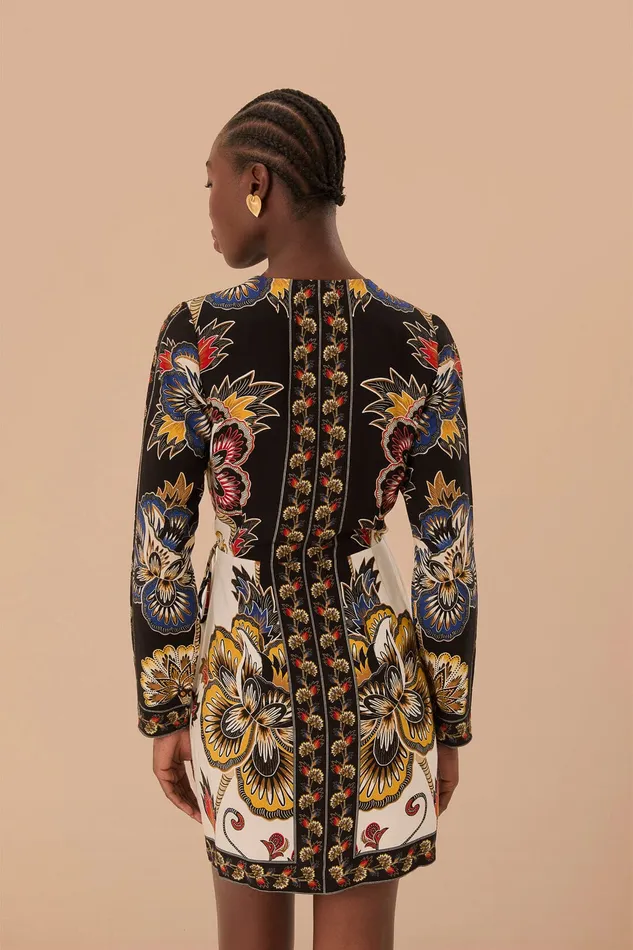 Black Maxi Floral Lenzing Ecovero Viscose Wrap Mini Dress Women Farm Rio Mini Dresses