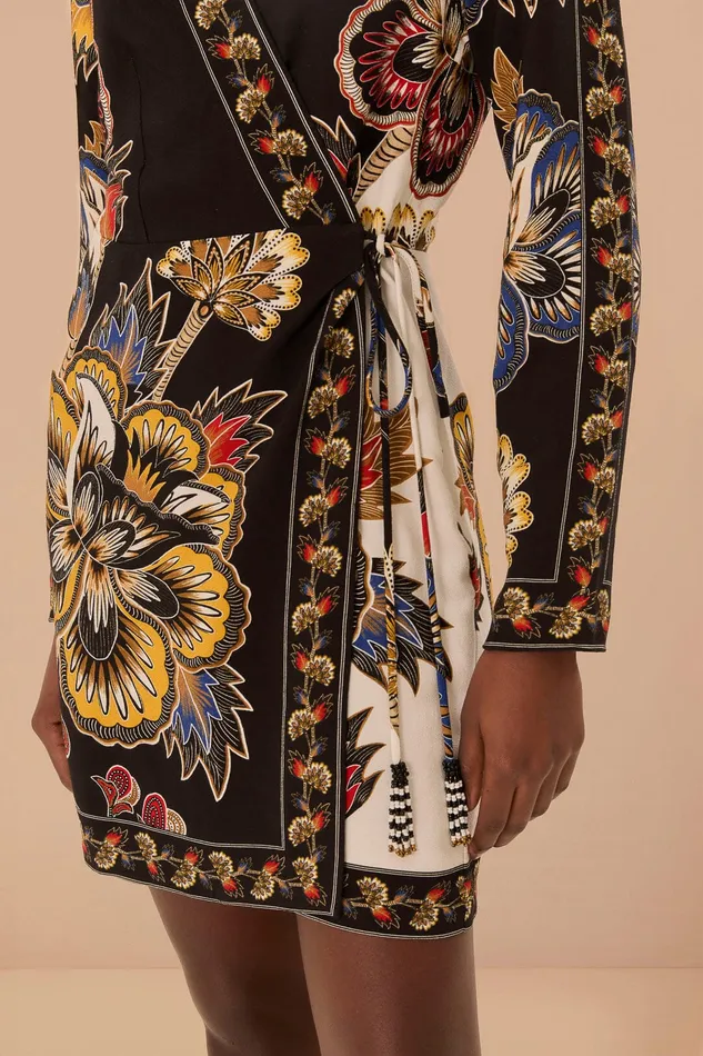 Black Maxi Floral Lenzing Ecovero Viscose Wrap Mini Dress Women Farm Rio Mini Dresses