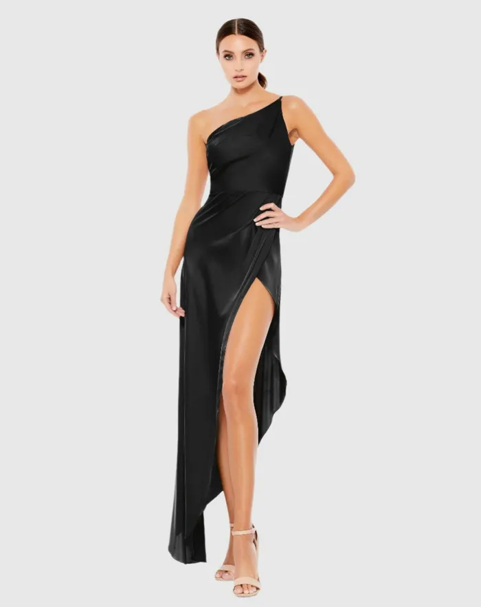 Black One Shoulder HiLow Draped Charmeuse Dress Black Cocktail Dresses Mac Duggal Women