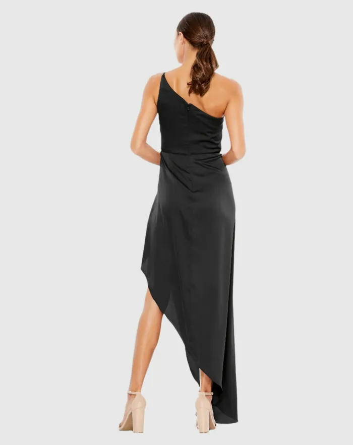 Black One Shoulder HiLow Draped Charmeuse Dress Black Cocktail Dresses Mac Duggal Women