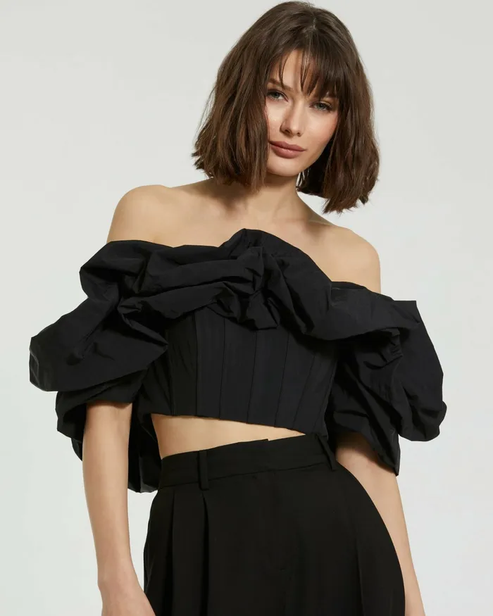 Blouses and Tops Women Black Faille Off The Shoulder Bustier Ruffle Top 8211 FINAL SALE Black Mac Duggal