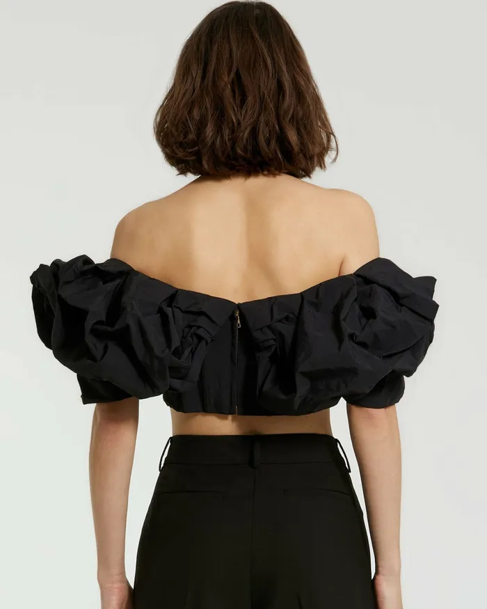 Blouses and Tops Women Black Faille Off The Shoulder Bustier Ruffle Top 8211 FINAL SALE Black Mac Duggal