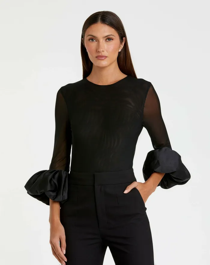 Blouses and Tops Women Mac Duggal Mesh Long Sleeve Bodysuit With Satin Puff Sleeve 8211 FINAL SALE Black Blouses and Tops Women Mac Duggal Mesh Long Sleeve Bodysuit With Satin Puff Sleeve 8211 FINAL SALE Black