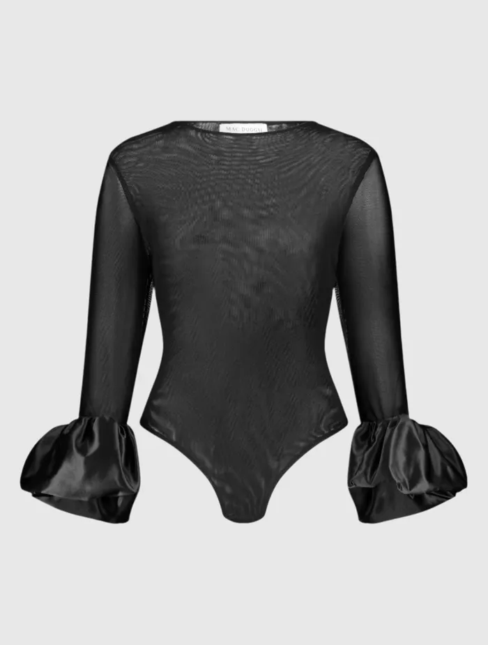 Blouses and Tops Women Mac Duggal Mesh Long Sleeve Bodysuit With Satin Puff Sleeve 8211 FINAL SALE Black