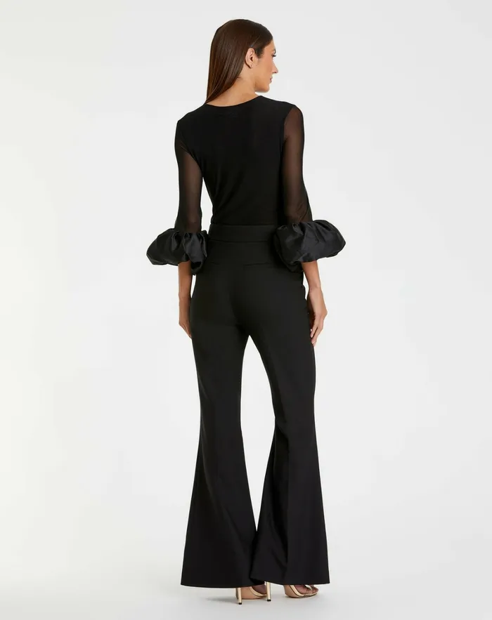 Blouses and Tops Women Mac Duggal Mesh Long Sleeve Bodysuit With Satin Puff Sleeve 8211 FINAL SALE Black