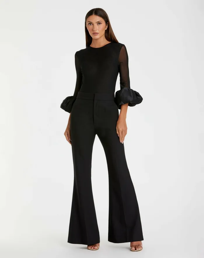 Blouses and Tops Women Mac Duggal Mesh Long Sleeve Bodysuit With Satin Puff Sleeve 8211 FINAL SALE Black
