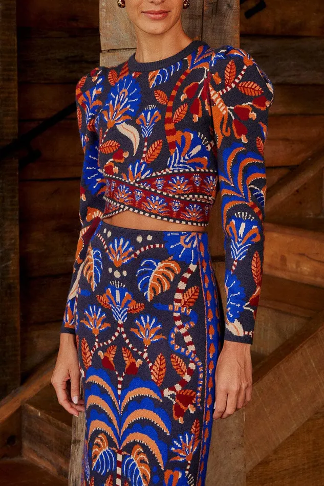Blue Nature Beauty Scarf Knit Long Sleeve Crop Top Women Farm Rio Crop Tops