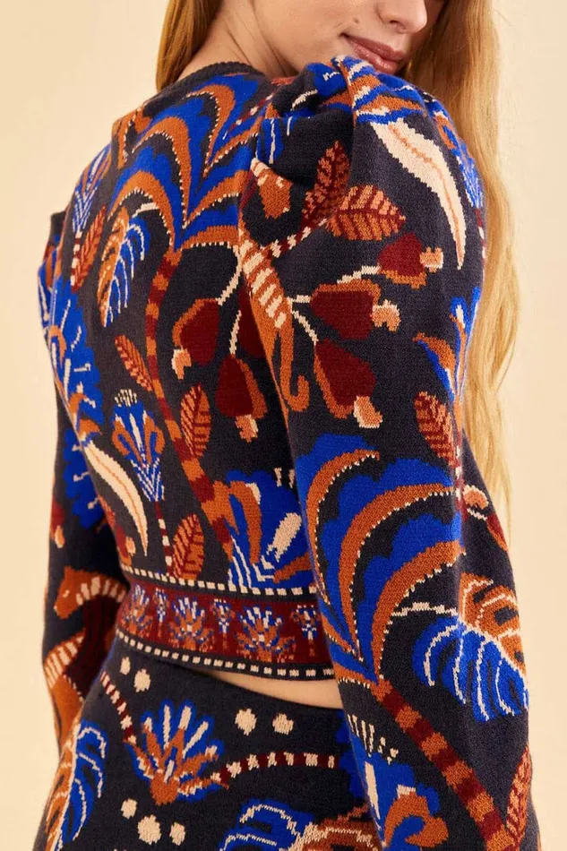 Blue Nature Beauty Scarf Knit Long Sleeve Crop Top Women Farm Rio Crop Tops