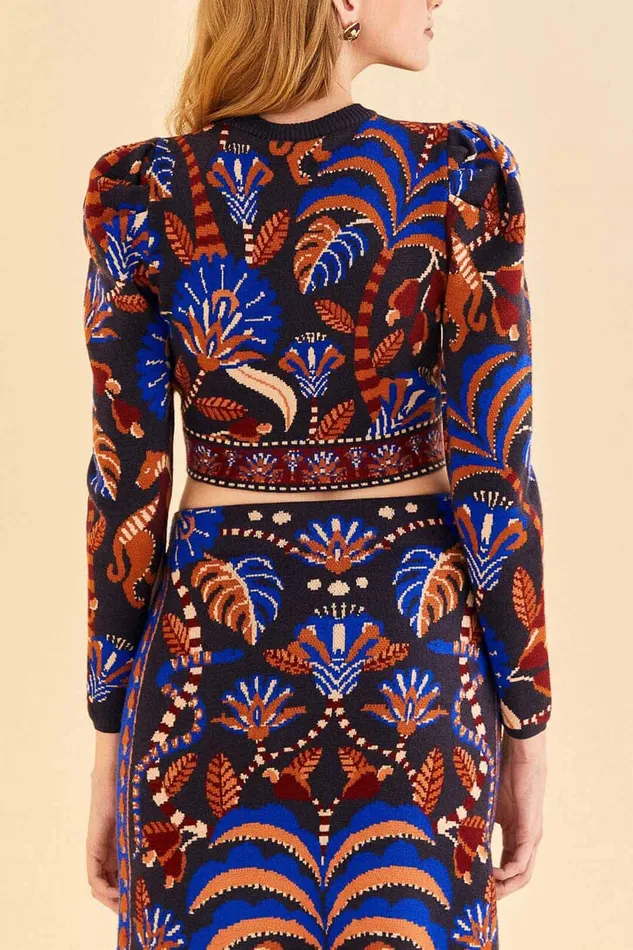 Blue Nature Beauty Scarf Knit Long Sleeve Crop Top Women Farm Rio Crop Tops