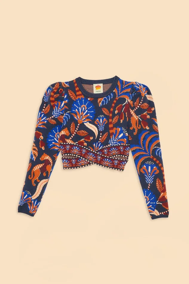 Blue Nature Beauty Scarf Knit Long Sleeve Crop Top Women Farm Rio Crop Tops