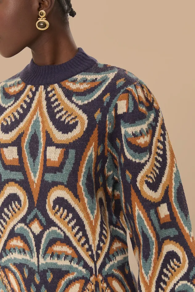 Blue Pineapple Ikat Sweater Dress Women Farm Rio Sweaters and Sweatshirts