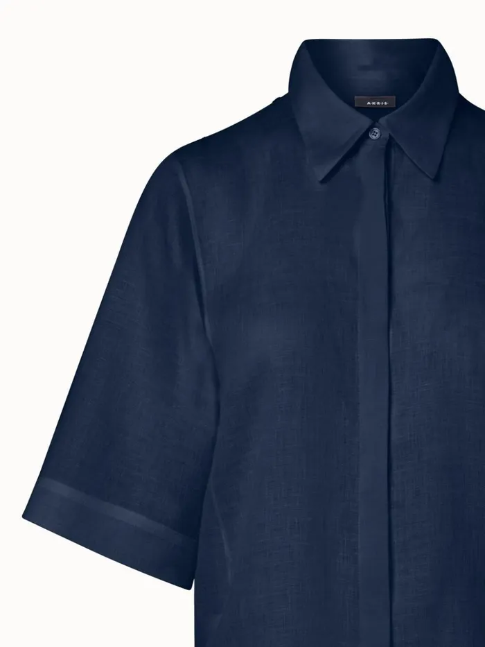 Boxy Linen Voile Blouse Navy Women Akris Blouses