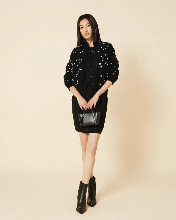 Cashmere Silk Cardigan With Star Intarsia Blackecru Women Akris Cashmere