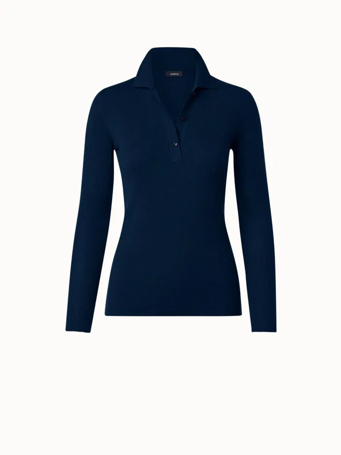 Cashmere Silk Rib Knit Pullover Navy Women Akris Cashmere