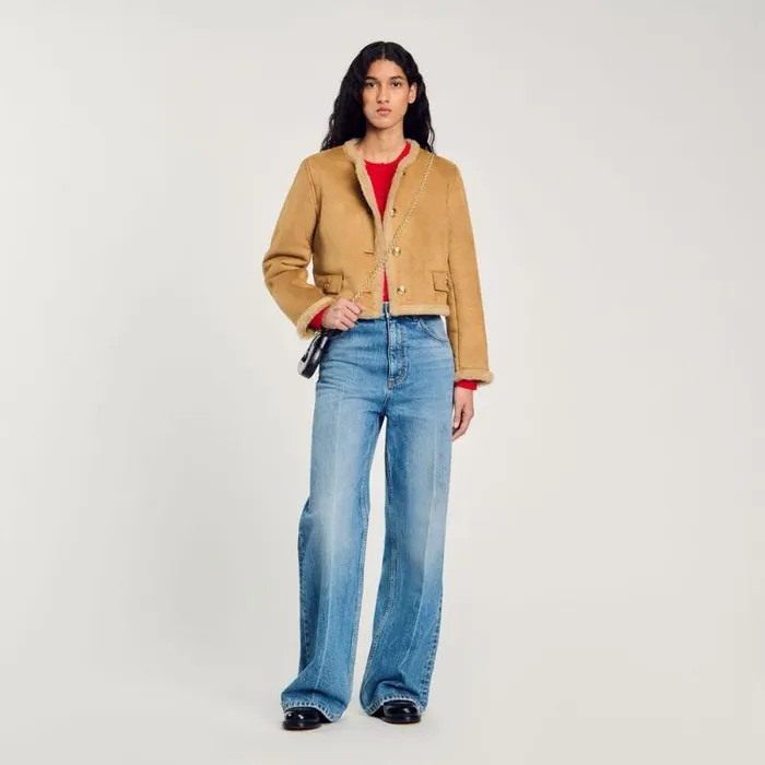 Coats and Trenches Women SANDRO Faux Fur Jacket Beige