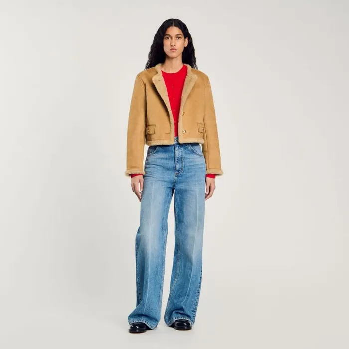 Coats and Trenches Women SANDRO Faux Fur Jacket Beige