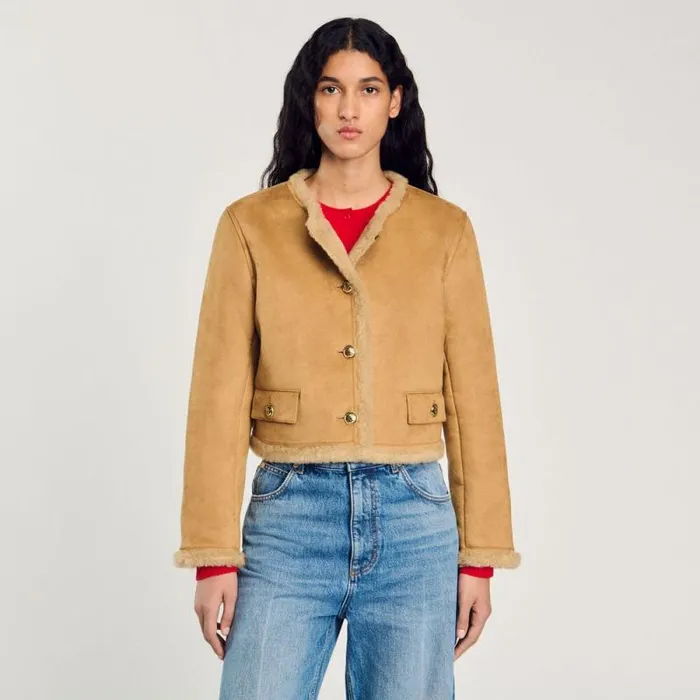 Coats and Trenches Women SANDRO Faux Fur Jacket Beige