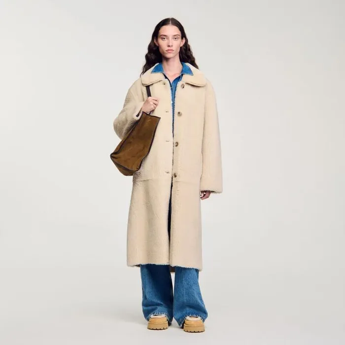 Coats and Trenches Women SANDRO Shearling Coat Ecru